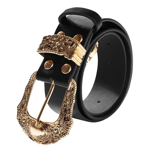 Women Black Cowgirl Belt Renaissance Country Western Leather Belts Pure Black😎 - Picture 3 of 6